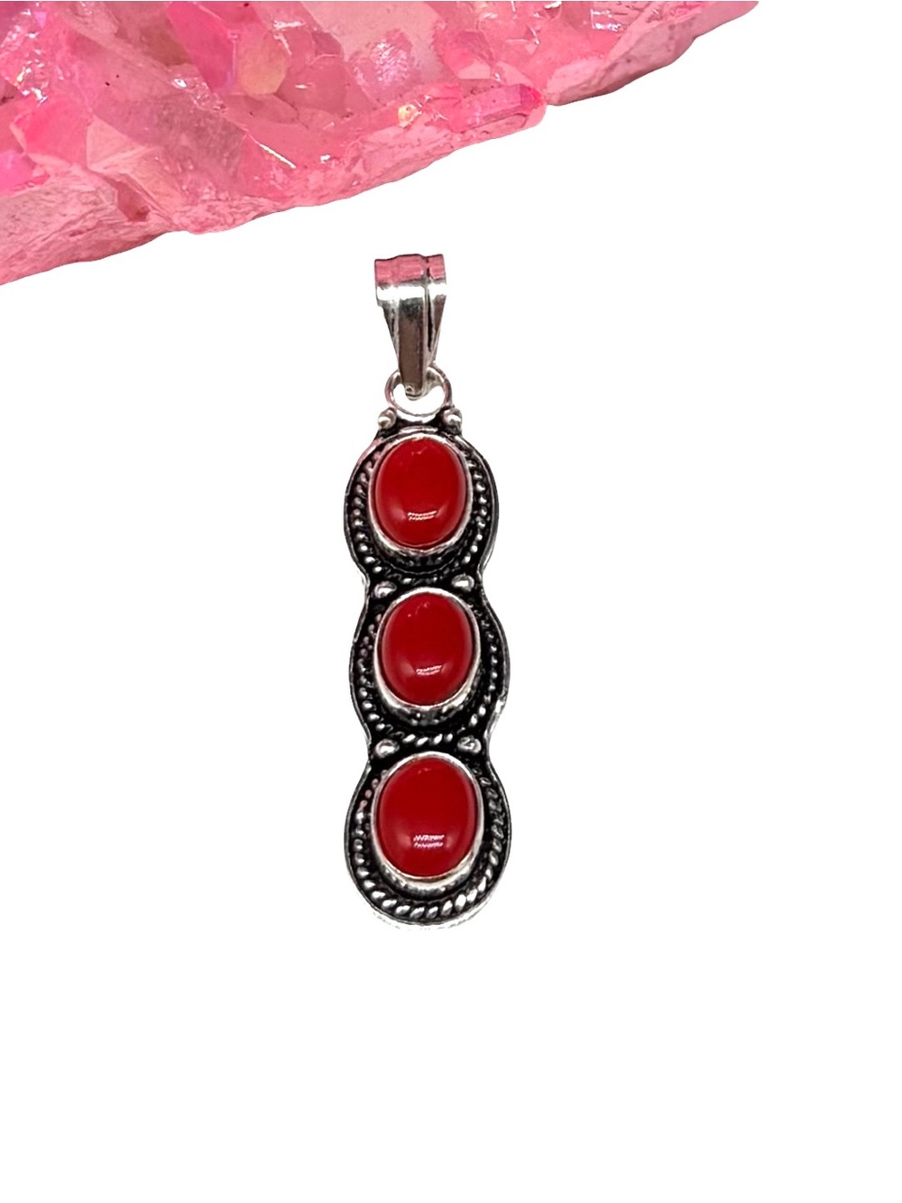 Red Coral Necklace Pendant 925 Sterling Silver Overlay